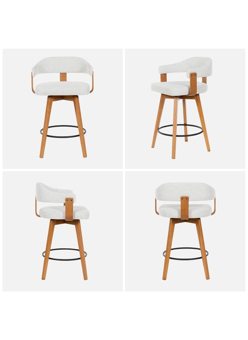 Swivel Bar Stools Set of 2, 26" Counter Height Bar Chairs with Curved Back and Armrest Modern Linen Upholstered Wood Barstools for Kitchen Island Home Bar