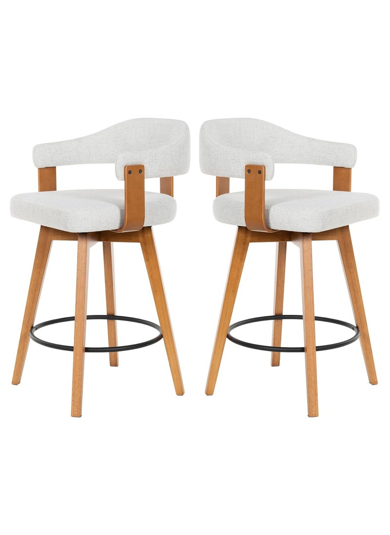 Swivel Bar Stools Set of 2, 26" Counter Height Bar Chairs with Curved Back and Armrest Modern Linen Upholstered Wood Barstools for Kitchen Island Home Bar