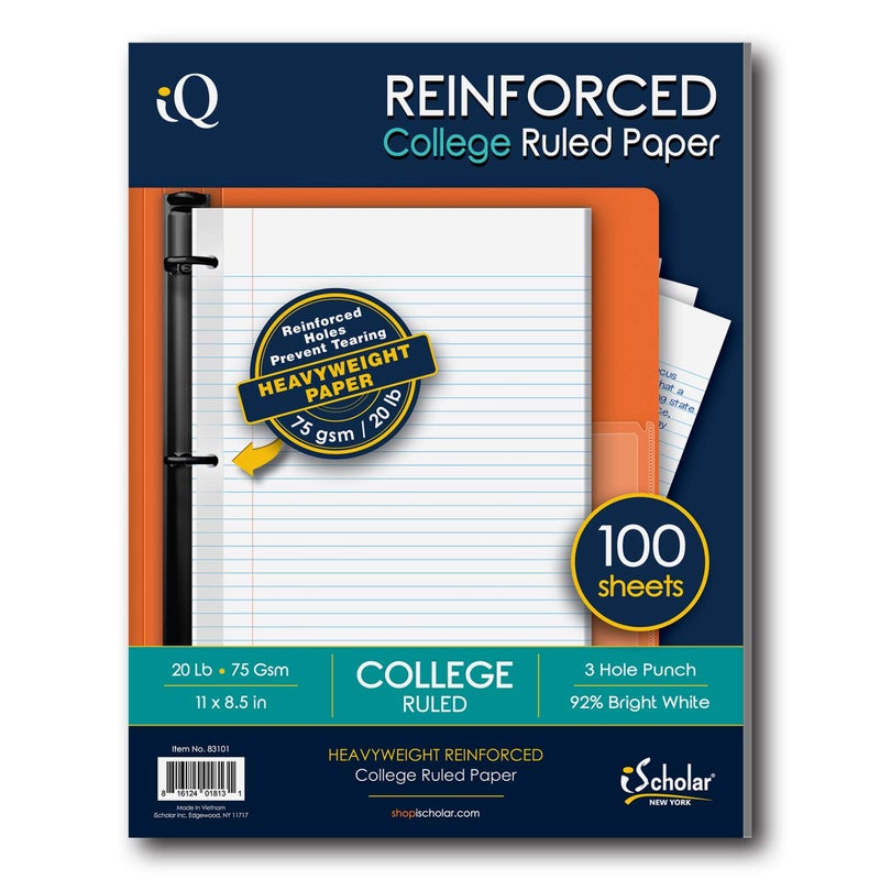 iScholar Reinforced Filler Paper, College Ruled, White, 100 Sheets, 9 x 11 Inches (83101) - Image 5