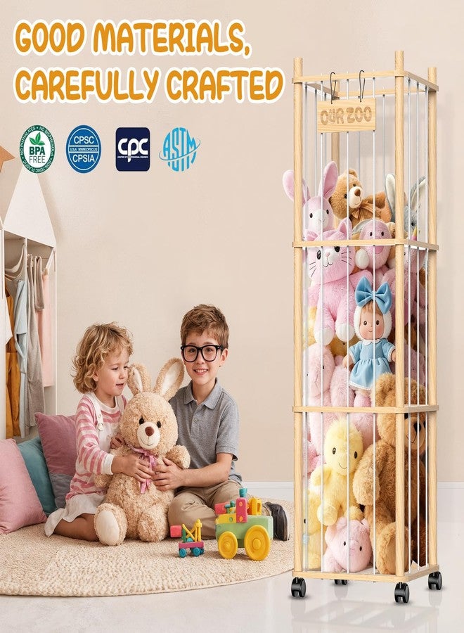 Belveora Stuffed Animal Storage Organizer, Wooden Plushies Toy Zoo Holder with Wheels, Large Capacity Storage Tower for Toys, Mobile Toy Holder Cage for Kids Playroom, Nursery, Toddler Room, 3 Tier, Natural - Image 4