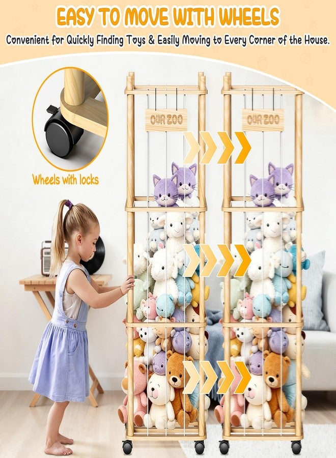 Belveora Stuffed Animal Storage Organizer, Wooden Plushies Toy Zoo Holder with Wheels, Large Capacity Storage Tower for Toys, Mobile Toy Holder Cage for Kids Playroom, Nursery, Toddler Room, 3 Tier, Natural - Image 5