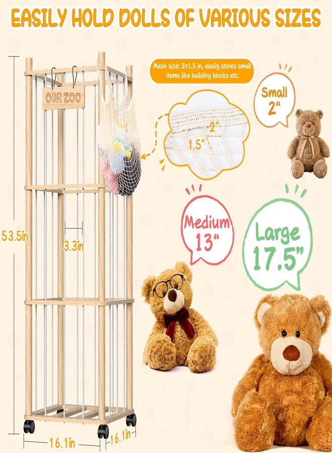 Belveora Stuffed Animal Storage Organizer, Wooden Plushies Toy Zoo Holder with Wheels, Large Capacity Storage Tower for Toys, Mobile Toy Holder Cage for Kids Playroom, Nursery, Toddler Room, 3 Tier, Natural - Image 2