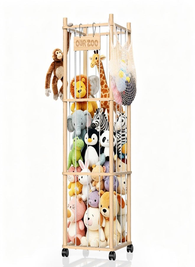 Belveora Stuffed Animal Storage Organizer, Wooden Plushies Toy Zoo Holder with Wheels, Large Capacity Storage Tower for Toys, Mobile Toy Holder Cage for Kids Playroom, Nursery, Toddler Room, 3 Tier, Natural - Image 1