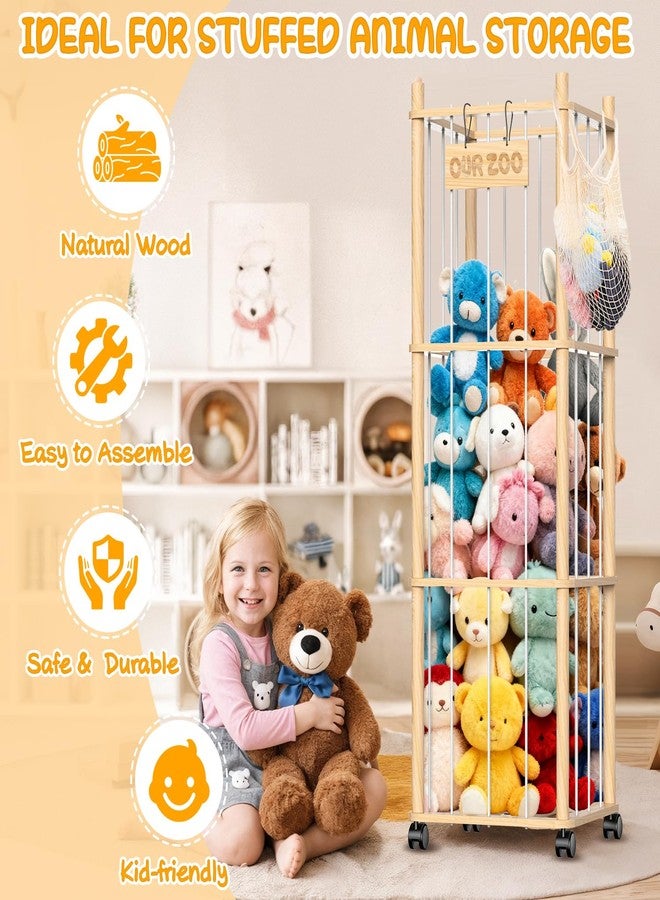 Belveora Stuffed Animal Storage Organizer, Wooden Plushies Toy Zoo Holder with Wheels, Large Capacity Storage Tower for Toys, Mobile Toy Holder Cage for Kids Playroom, Nursery, Toddler Room, 3 Tier, Natural - Image 3