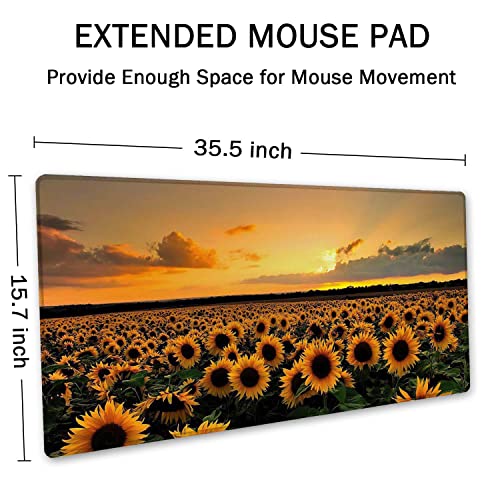 SSOIU Extended Gaming Mouse Pad XXL ArtSo Large Keyboard Mat Long Mousepad Desk Decor Writing Pad Non Slip Rubber Base Stitched Edges for Work Game Office Home 355 x 157 Sunflower Field - Image 3