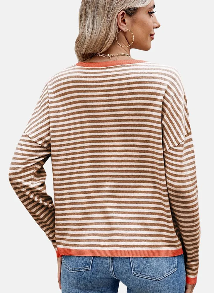 يونيكي Brown Round Neck Striped Top