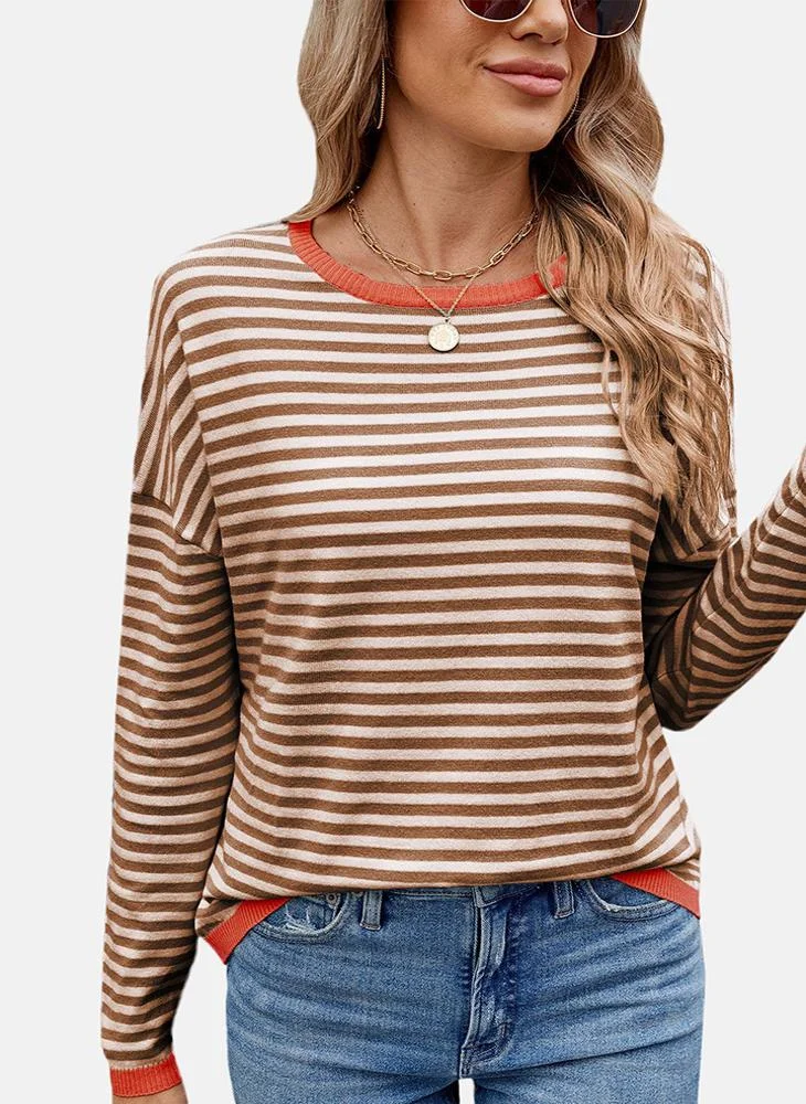 YUNIQEE Brown Round Neck Striped Top