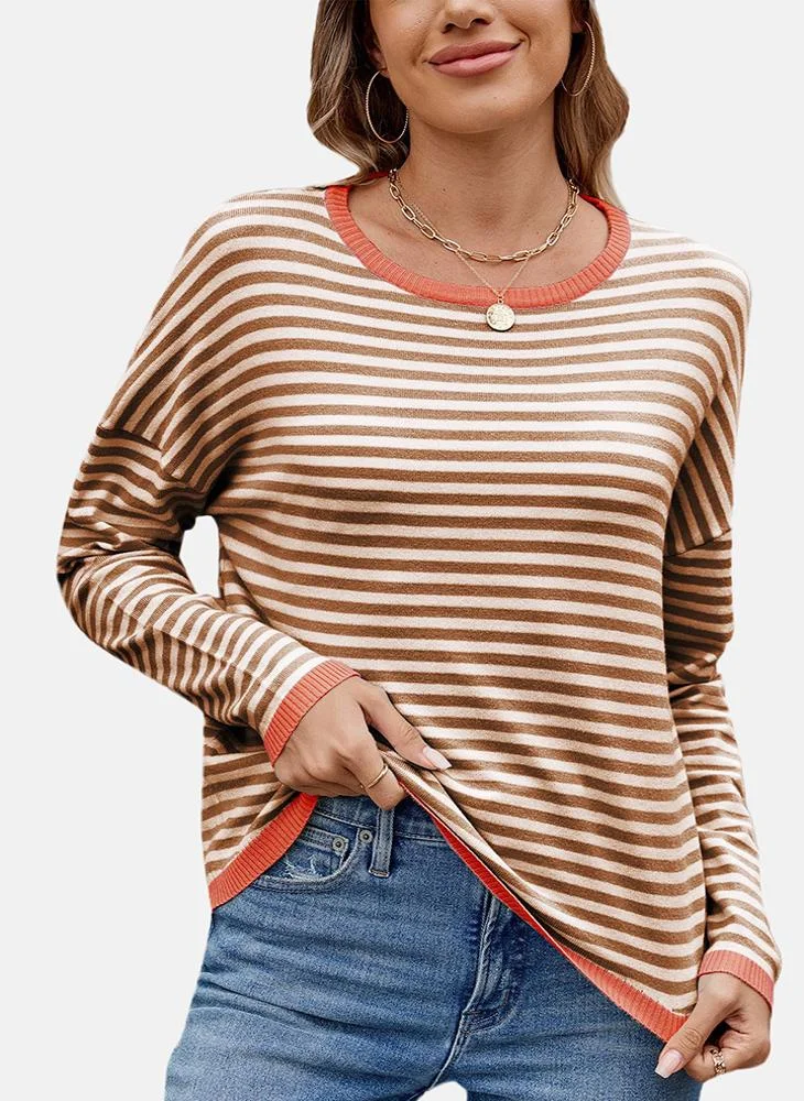 YUNIQEE Brown Round Neck Striped Top