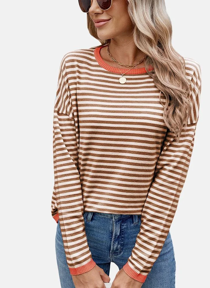 يونيكي Brown Round Neck Striped Top