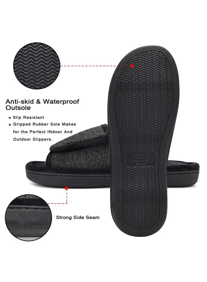 DL Adjustable Mens Slippers Memory Foam, Open Toe House Slippers For Men Comfy Indoor Outdoor, Cozy Breathable Slide Bedroom Velcor Slippers Size 9-10 Dark Grey Black - Image 5