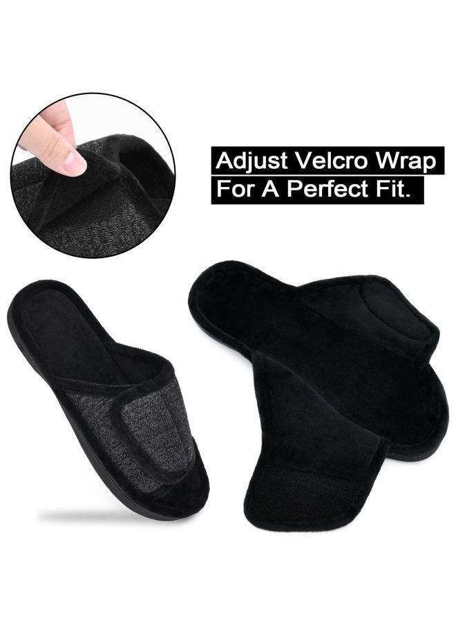 DL Adjustable Mens Slippers Memory Foam, Open Toe House Slippers For Men Comfy Indoor Outdoor, Cozy Breathable Slide Bedroom Velcor Slippers Size 9-10 Dark Grey Black - Image 3