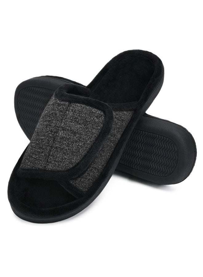 DL Adjustable Mens Slippers Memory Foam, Open Toe House Slippers For Men Comfy Indoor Outdoor, Cozy Breathable Slide Bedroom Velcor Slippers Size 9-10 Dark Grey Black - Image 1