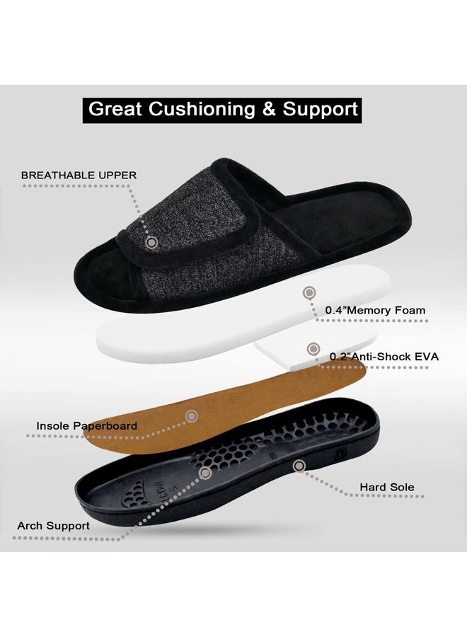 DL Adjustable Mens Slippers Memory Foam, Open Toe House Slippers For Men Comfy Indoor Outdoor, Cozy Breathable Slide Bedroom Velcor Slippers Size 9-10 Dark Grey Black - Image 4