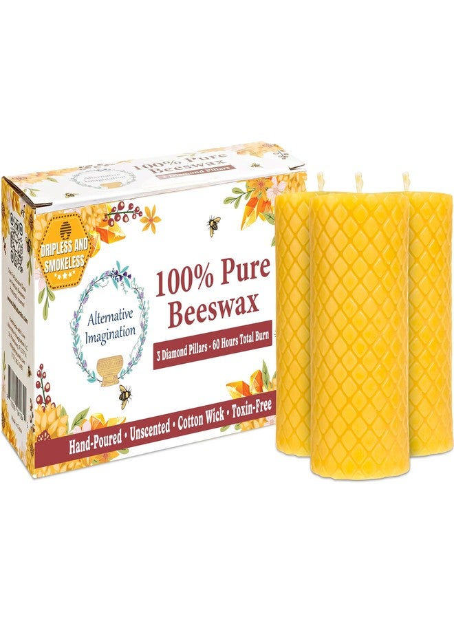 Alternative Imagination Diamond Beeswax Pillar Candles – 3 Pack of 2x4 Inch Unscented Candles - Hand-Poured - 100% Pure Beeswax - Natural Honey Aroma - Dripless Long-Burn - Altar & Decor Use - Image 1