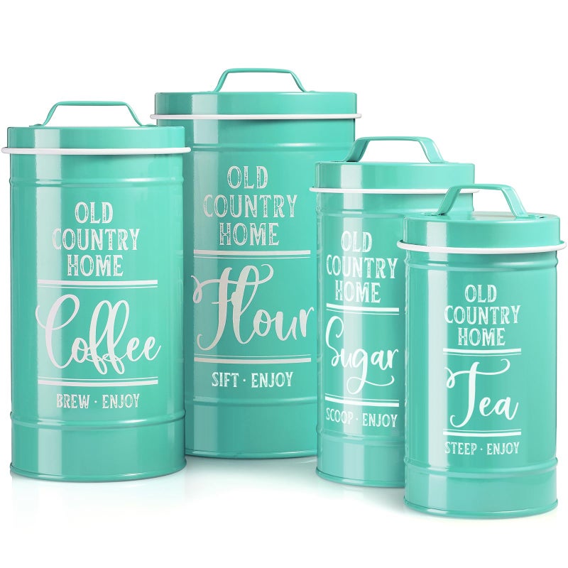 DAYYET Teal Canisters for Kitchen Counter, Airtight Kitchen Canisters for Countertop, Flour and Sugar Containers, Tea Coffee Sugar Canister Set, Turquoise Kitchen Decor and Accessories, Set of 4 - Image 1