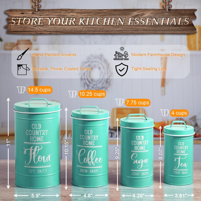 DAYYET Teal Canisters for Kitchen Counter, Airtight Kitchen Canisters for Countertop, Flour and Sugar Containers, Tea Coffee Sugar Canister Set, Turquoise Kitchen Decor and Accessories, Set of 4 - Image 2