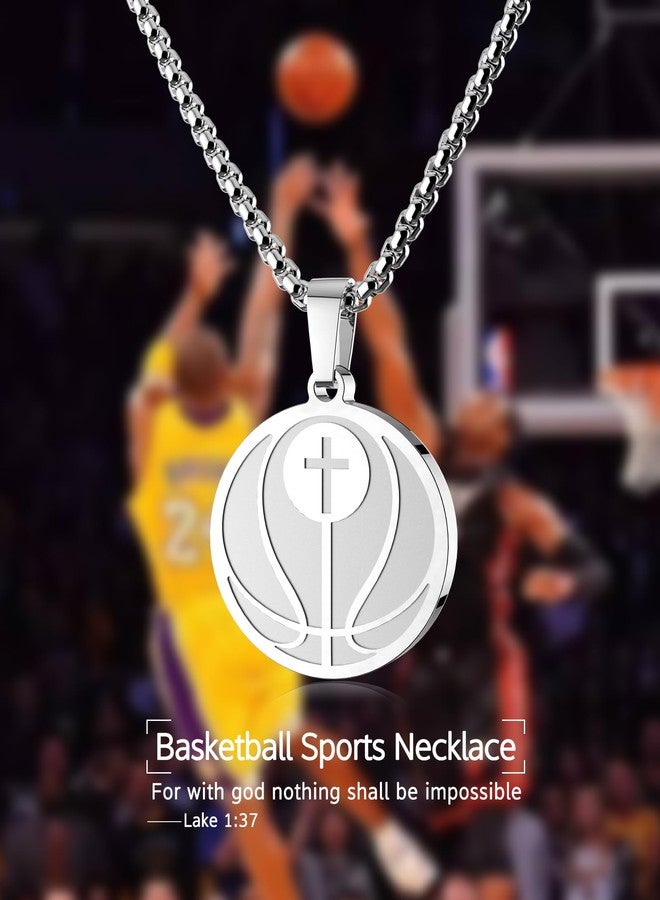 seensea Sports Pendant Necklace Silver Basketball Inspirational Bible Verse Luke 1:37 Christian Gift for Son Daughter (Silver basketball 2) - Image 3