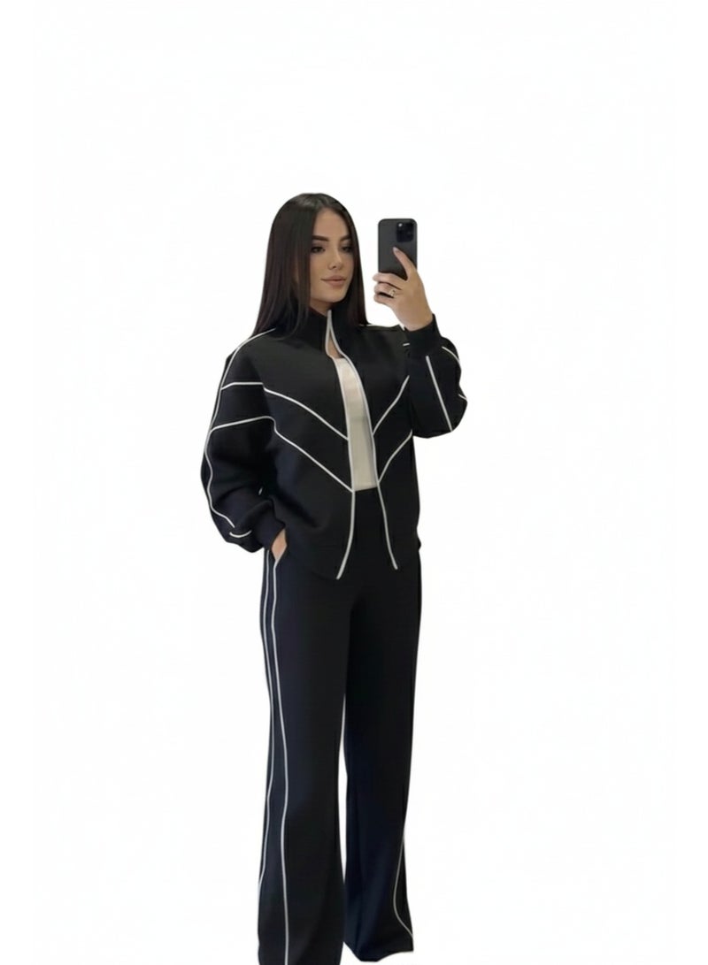 Women’s Winter Tracksuit Cotton Fleece Set – Full Zip Jacket & Pants with Pockets – Black Casual Sportswear for Gym, Daily Wear & Outdoor - Image 1