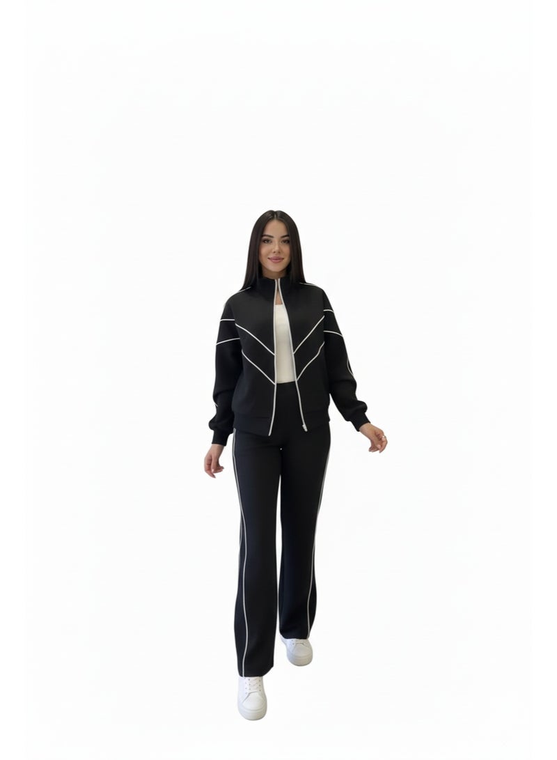 Women’s Winter Tracksuit Cotton Fleece Set – Full Zip Jacket & Pants with Pockets – Black Casual Sportswear for Gym, Daily Wear & Outdoor - Image 2