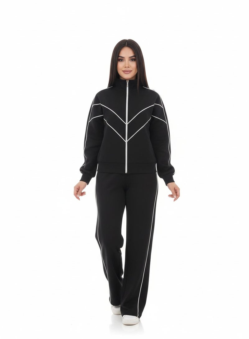 Women’s Winter Tracksuit Cotton Fleece Set – Full Zip Jacket & Pants with Pockets – Black Casual Sportswear for Gym, Daily Wear & Outdoor - Image 3