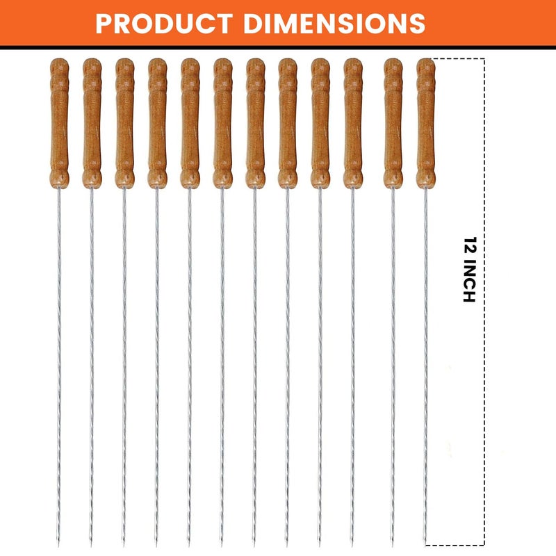 ORILEY مجموعة أسياخ الشواء من أورايلي 12 بوصة من الفولاذ المقاوم للصدأ، أسياخ باربكيو مستديرة/مربعة مع مقبض خشبي، أداة شواء معدنية قابلة لإعادة الاستخدام للشواء في الهواء الطلق (عبوة من 12) - Image 3