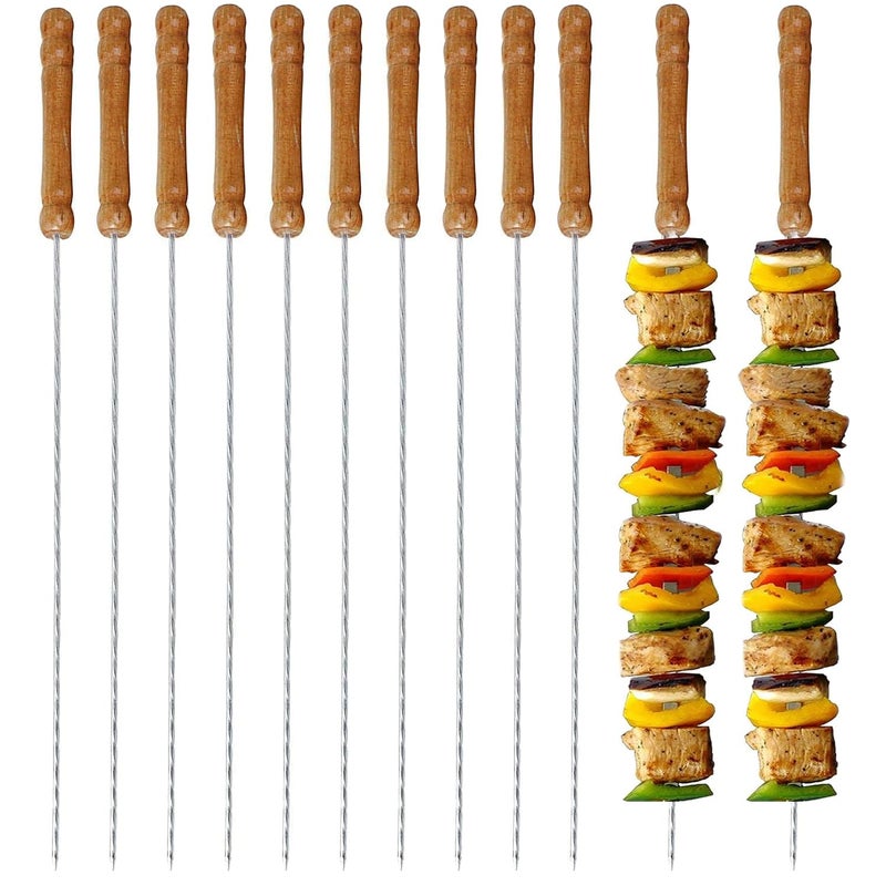 ORILEY مجموعة أسياخ الشواء من أورايلي 12 بوصة من الفولاذ المقاوم للصدأ، أسياخ باربكيو مستديرة/مربعة مع مقبض خشبي، أداة شواء معدنية قابلة لإعادة الاستخدام للشواء في الهواء الطلق (عبوة من 12) - Image 4