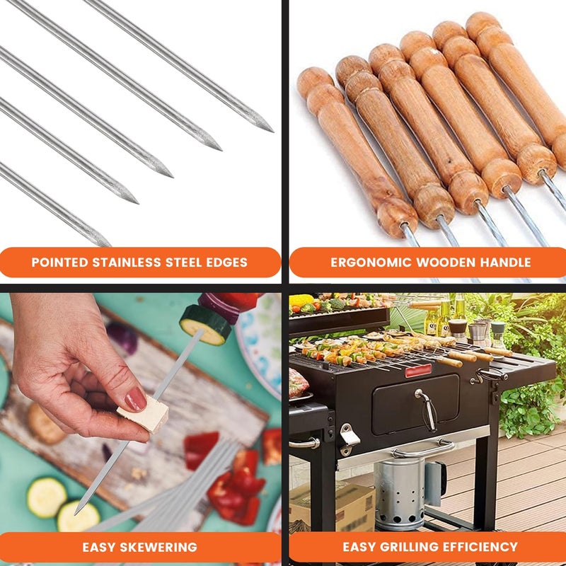ORILEY مجموعة أسياخ الشواء من أورايلي 12 بوصة من الفولاذ المقاوم للصدأ، أسياخ باربكيو مستديرة/مربعة مع مقبض خشبي، أداة شواء معدنية قابلة لإعادة الاستخدام للشواء في الهواء الطلق (عبوة من 12) - Image 2