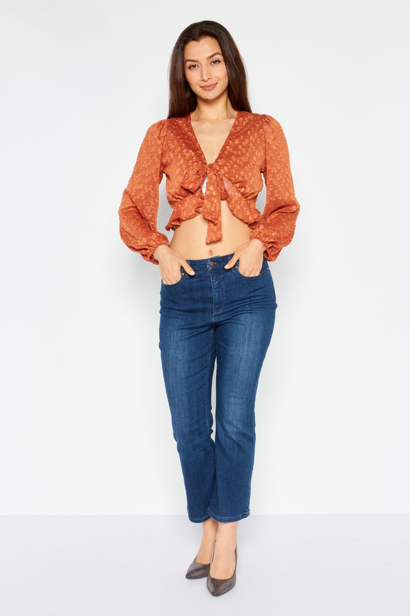 Endless Blu Women Tie Neck Long Sleeves Textured Blouse, Mustard - Image 3