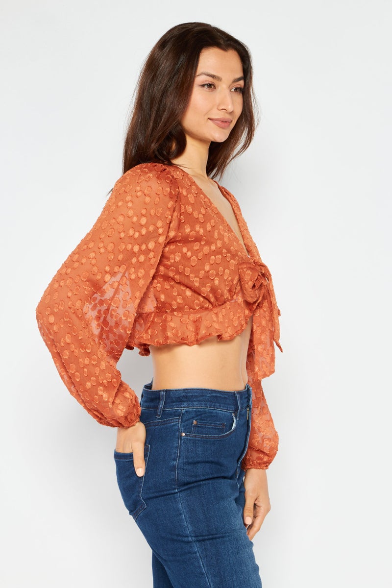 Endless Blu Women Tie Neck Long Sleeves Textured Blouse, Mustard - Image 2