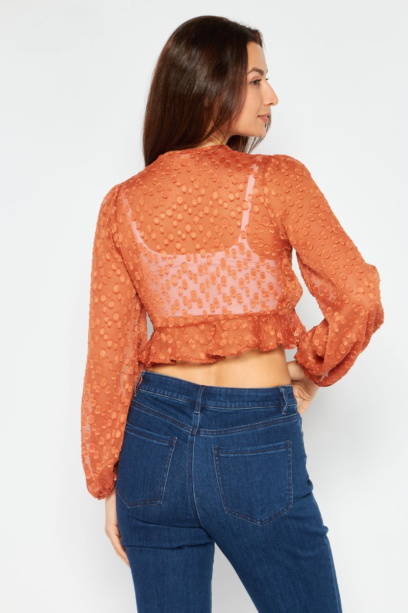 Endless Blu Women Tie Neck Long Sleeves Textured Blouse, Mustard - Image 4