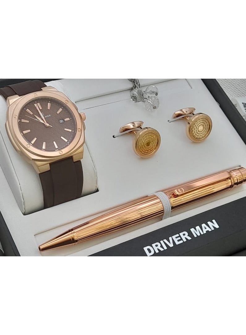 DRIVERMAN Driver Man men's watch set with a luxury box. Consisting of a watch, pen, cufflinks, and rosary.