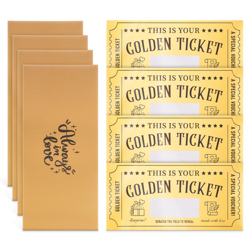 emmoolife 4 Pieces Golden Ticket Surprise Scratch Off Cards with Envelopes, Write Your Own Gift Reveal Card for Girlfriends Wife Women Men Birthday Valentine's Day Christmas - Image 1