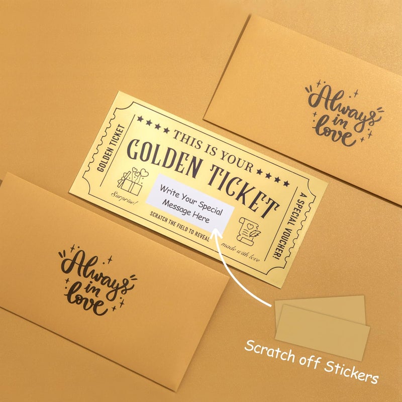 emmoolife 4 Pieces Golden Ticket Surprise Scratch Off Cards with Envelopes, Write Your Own Gift Reveal Card for Girlfriends Wife Women Men Birthday Valentine's Day Christmas - Image 5