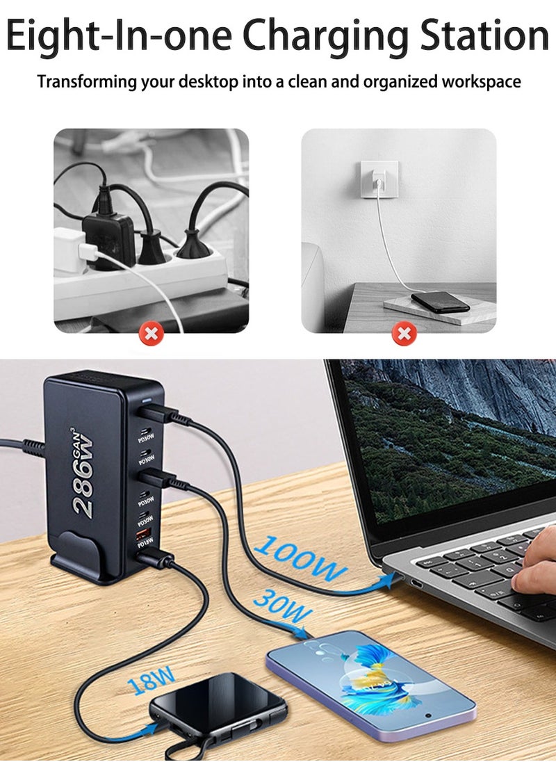 Luttec 286W GaN USB C Charger Station, 8 Port Type C Fast Charging Hub Block, Wall Charger Power Strip Adapter Plug 6 PD USB C 2 QC USB A - GaN Technology - Certified Laptop Charger for Macbook Air, Sumsung S23 iPhone 16,iPad, Galaxy, Honor and More -1.5m Power Cord  - Image 3