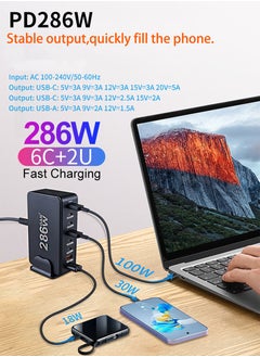 Luttec 286W GaN USB C Charger Station, 8 Port Type C Fast Charging Hub Block, Wall Charger Power Strip Adapter Plug 6 PD USB C 2 QC USB A - GaN Technology - Certified Laptop Charger for Macbook Air, Sumsung S23 iPhone 16,iPad, Galaxy, Honor and More -1.5m Power Cord  - Image 2