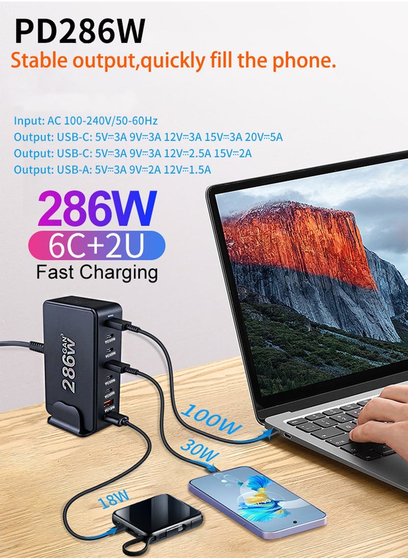 Luttec 286W GaN USB C Charger Station, 8 Port Type C Fast Charging Hub Block, Wall Charger Power Strip Adapter Plug 6 PD USB C 2 QC USB A - GaN Technology - Certified Laptop Charger for Macbook Air, Sumsung S23 iPhone 16,iPad, Galaxy, Honor and More -1.5m Power Cord  - Image 2