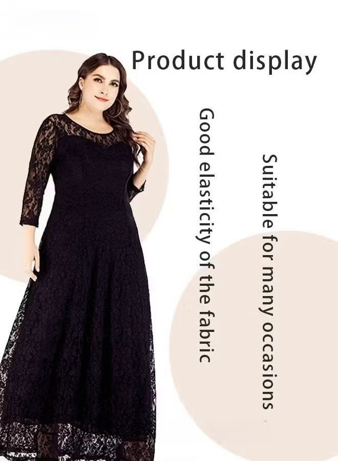 RedMapleTEK Women's Plus Size Lace Dress Transparent Three-quarter Sleeve Boat Neck Large Hem Elegant Evening Dress （Black） - Image 4