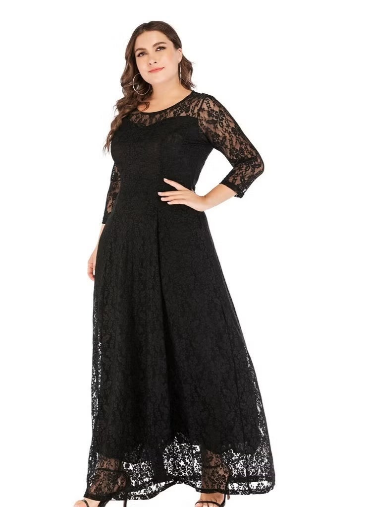 RedMapleTEK Women's Plus Size Lace Dress Transparent Three-quarter Sleeve Boat Neck Large Hem Elegant Evening Dress （Black） - Image 2
