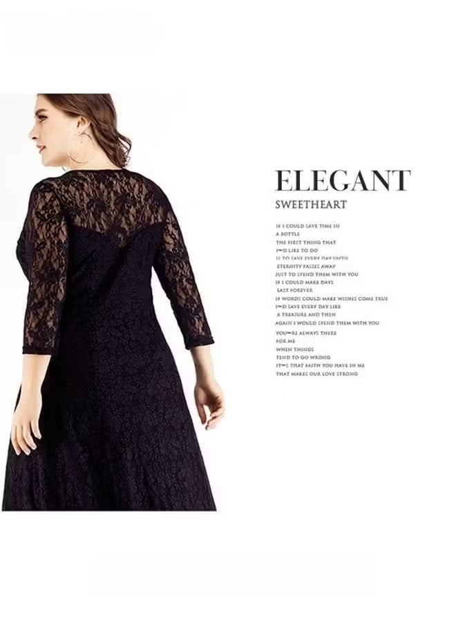 RedMapleTEK Women's Plus Size Lace Dress Transparent Three-quarter Sleeve Boat Neck Large Hem Elegant Evening Dress （Black） - Image 5