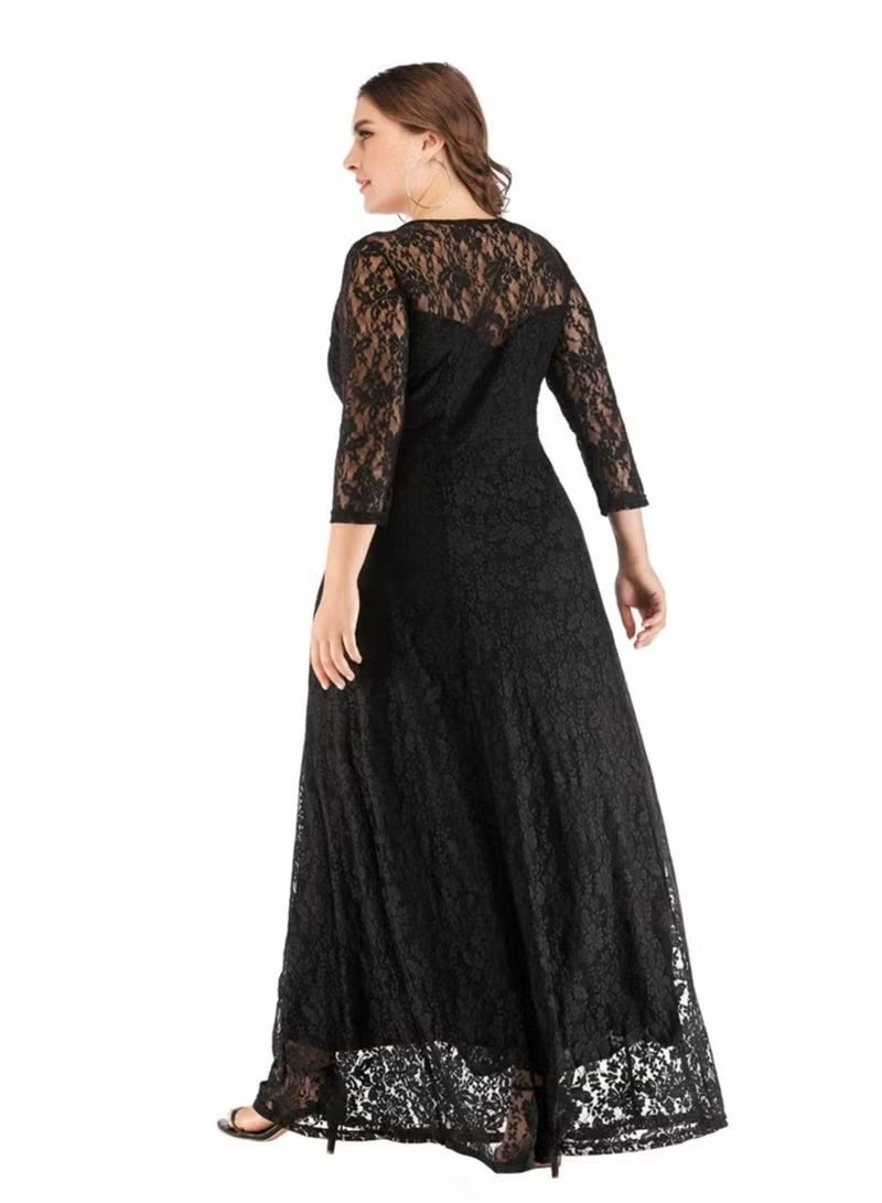 RedMapleTEK Women's Plus Size Lace Dress Transparent Three-quarter Sleeve Boat Neck Large Hem Elegant Evening Dress （Black） - Image 3