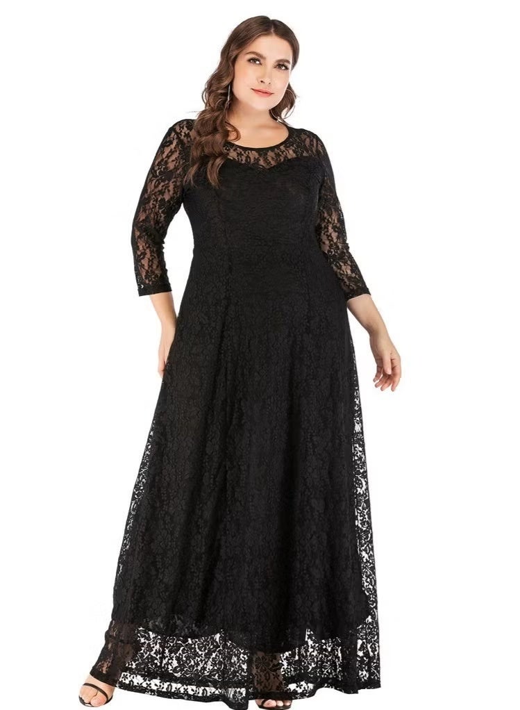 RedMapleTEK Women's Plus Size Lace Dress Transparent Three-quarter Sleeve Boat Neck Large Hem Elegant Evening Dress （Black） - Image 1