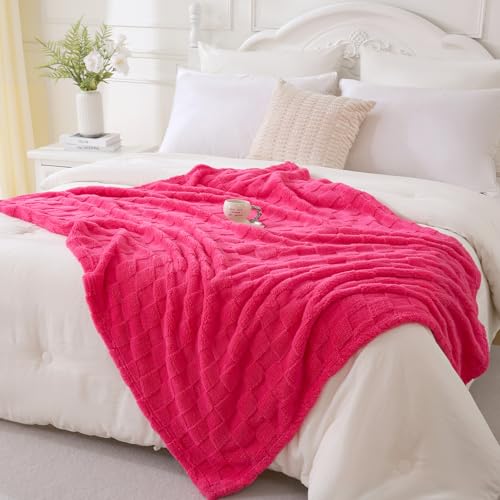 Linecooo Hot Pink Fleece Throw Blanket 50”×60” for Couch Sofa Bed,Super Soft Cozy Plush Microfiber Flannel Blanket with 3D Checkered Design Lightweight for Adults Woman Girls - Image 4