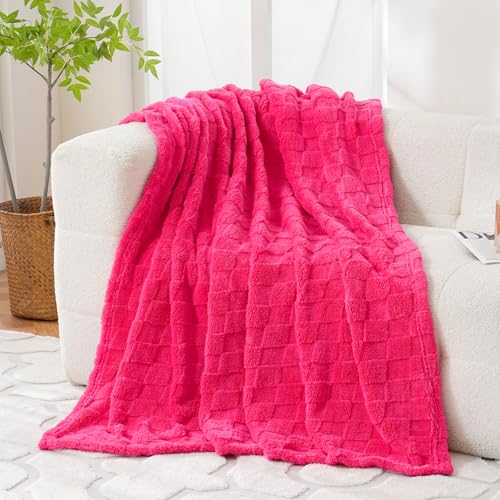 Linecooo Hot Pink Fleece Throw Blanket 50”×60” for Couch Sofa Bed,Super Soft Cozy Plush Microfiber Flannel Blanket with 3D Checkered Design Lightweight for Adults Woman Girls - Image 2