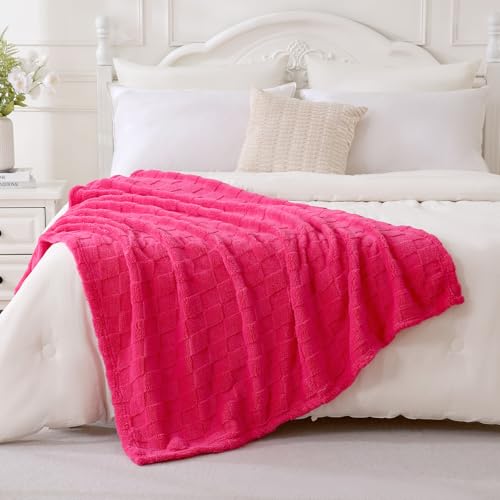 Linecooo Hot Pink Fleece Throw Blanket 50”×60” for Couch Sofa Bed,Super Soft Cozy Plush Microfiber Flannel Blanket with 3D Checkered Design Lightweight for Adults Woman Girls - Image 3