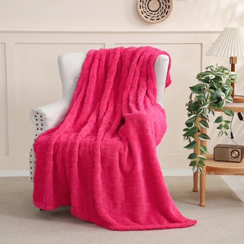 Linecooo Hot Pink Fleece Throw Blanket 50”×60” for Couch Sofa Bed,Super Soft Cozy Plush Microfiber Flannel Blanket with 3D Checkered Design Lightweight for Adults Woman Girls - Image 1