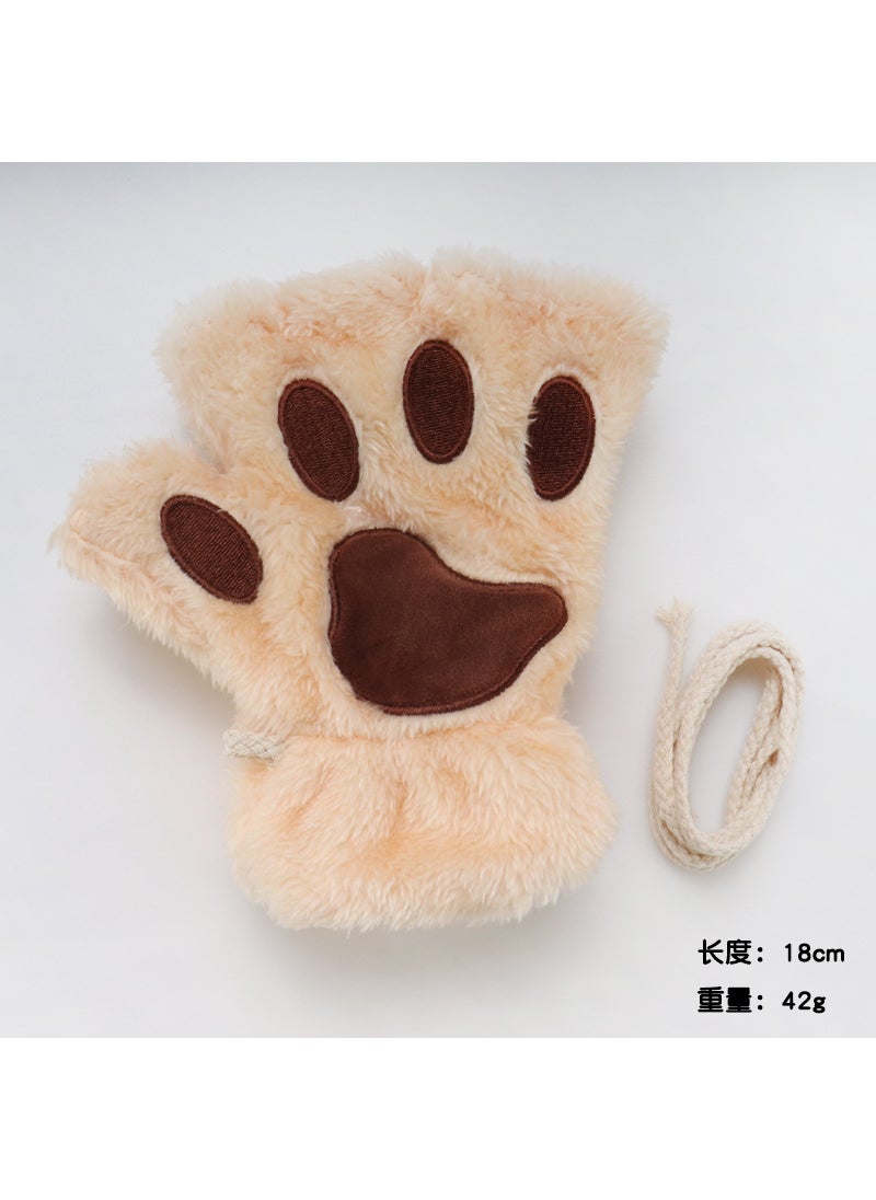 Generic - New Cat claw gloves winter cute cartoon cat girl open finger gloves fleece-lined thick bear paw gloves Beige - Image 1