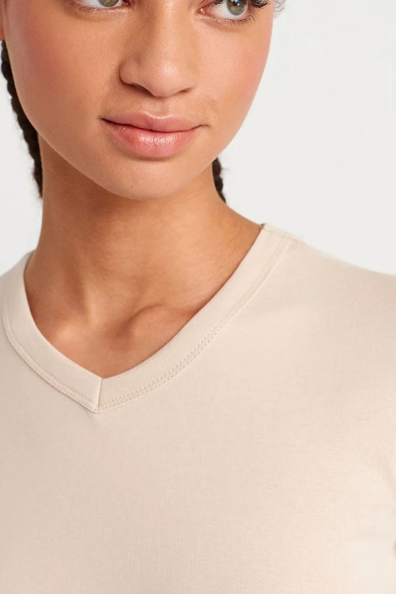 Dilvin Beige Natural DILVIN Slim Fit Cotton V-Neck T-Shirt for Women | Best Price UAE