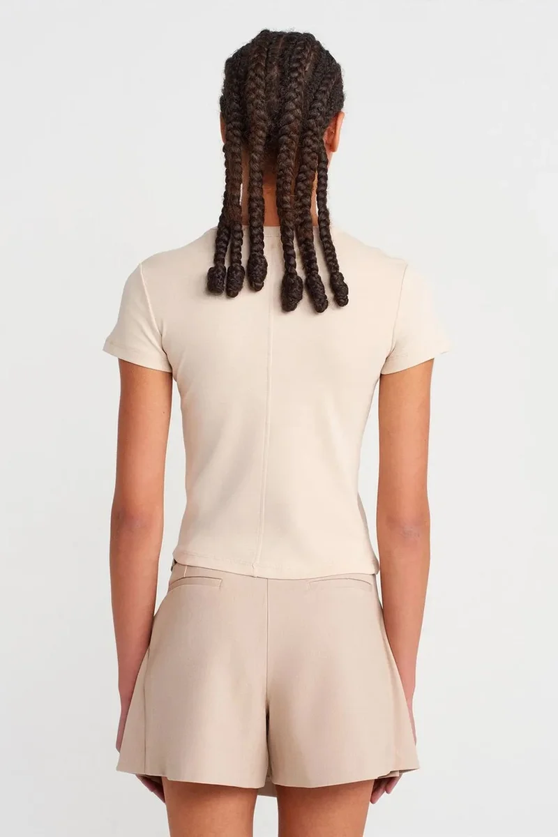 Dilvin Beige Natural DILVIN Slim Fit Cotton V-Neck T-Shirt for Women | Best Price UAE