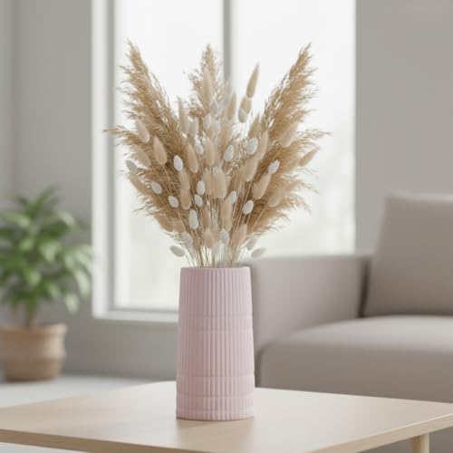 PUREZENTO Pink 'BlushGroove' Ceramic Ribbed Vase - 5 Inch (Pack of 1) | Decorative Ribbed Vase for Dried Flowers & Pampas Grass | Centerpiece Vases for Modern Home Decor, Living Room, Office Decor - Image 1