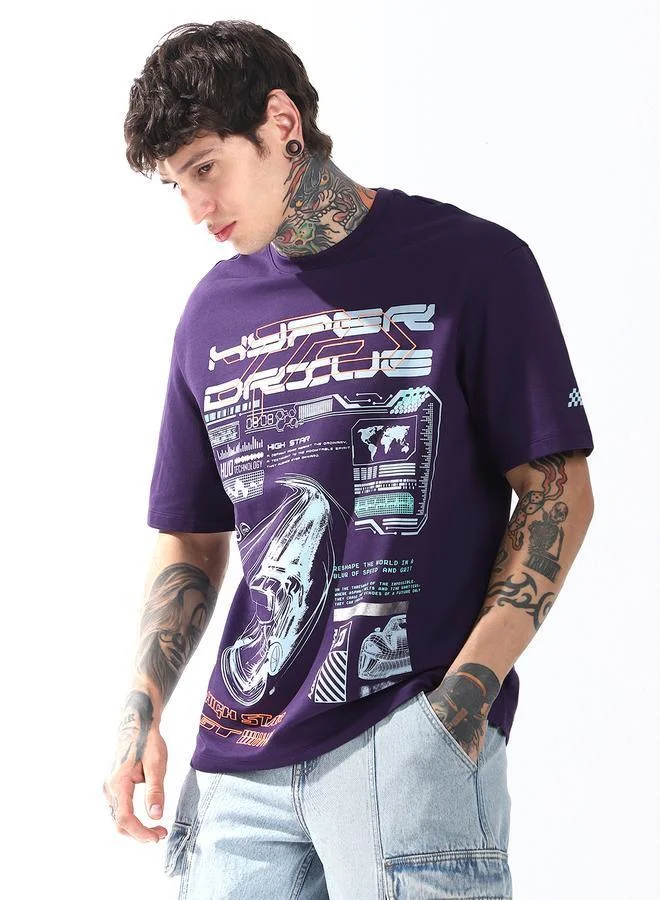 هاي ستار تيشيرت قطن مطبوع برسومات موتو ريسر بياقة دائرية وأكمام قصيرة بقصة مريحة